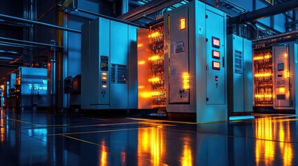 Industrial control room with illuminated machinery and glowing panels, showcasing technology in a modern facility