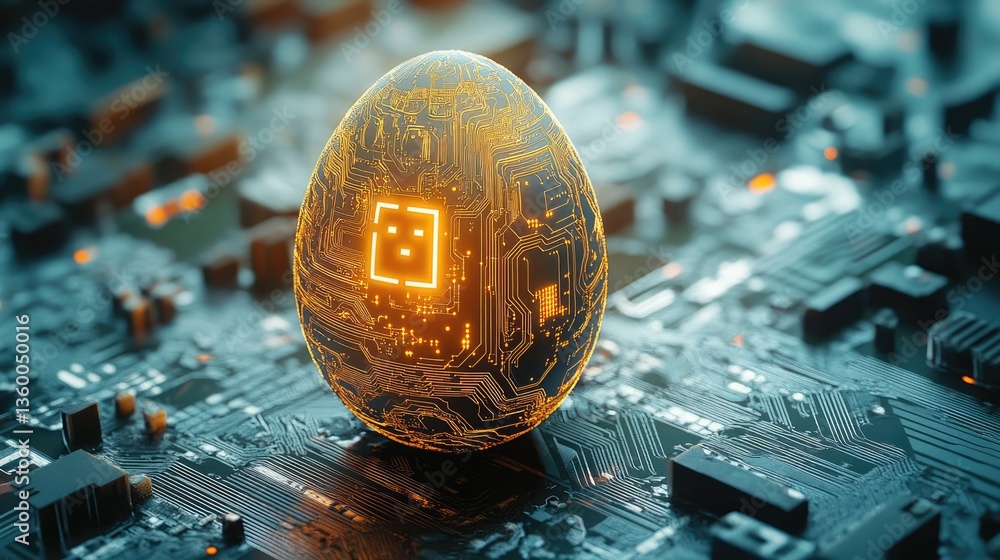 Poster futuristic glowing egg with circuit patterns on a digital circuit board, symbolizing technology and 