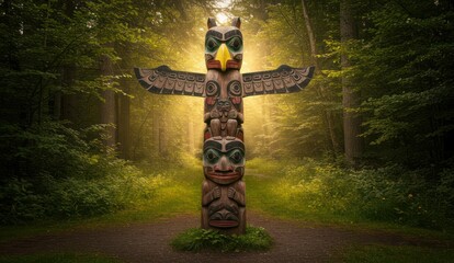Wooden totem pole stands tall in the forest with light shining through the trees.