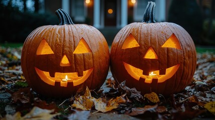 Fototapeta premium Two Jack-o'-lanterns in a garden
