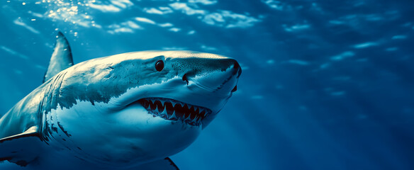 Obraz premium Great white shark swimming gracefully through deep blue ocean
