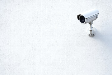 High tech CCTV camera with motion sensor mounted on white wall, ensuring security
