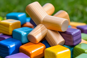 Wooden Building Blocks on Grass