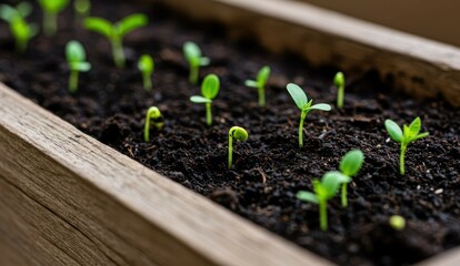 Close-up of seedlings in a wooden container with dark soil, new life.