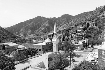 Panorama of beautiful historical houses and mosque minaret in Rijal Almaa heritage village in Saudi Arabia