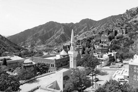 Panorama of beautiful historical houses and mosque minaret in Rijal Almaa heritage village in Saudi Arabia