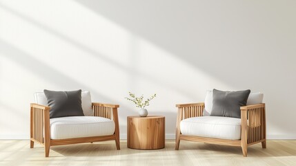 A serene living space featuring two wooden armchairs with plush cushions and a round side table, illuminated by soft natural light, Sustainable Living, Sustainable Living.