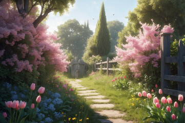Fototapeta premium Charming garden gate surrounded by blooming tulips in spring 