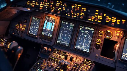 Airplane Cockpit Dashboard with Glowing Screens for Aviation Videos and Pilot Training Content