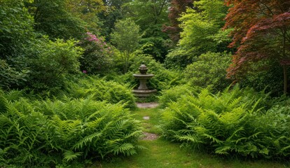 Obraz premium Tranquil garden scene with stone fountain surrounded by lush ferns.