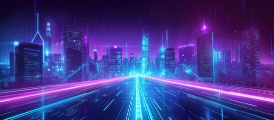 Fototapeta premium Futuristic cityscape night with neon purple and blue glowing lights background. Generated AI