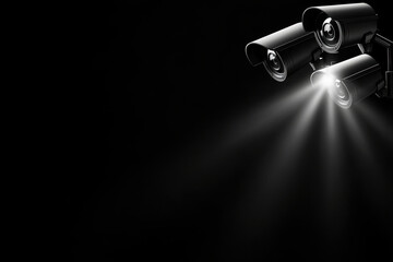Modern black and white security cameras with spotlight effects illuminating dark background
