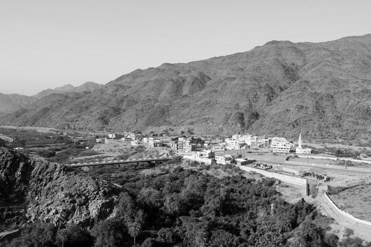 View from the Thee-Ain heritage site in Al-Baha, Saudi Arabia towards the village of the same name