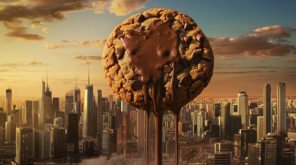 Giant Chocolate Chip Cookie with Dripping Chocolate Over Cityscape Skyline at Sunset for Urban Dessert Fantasy Themes