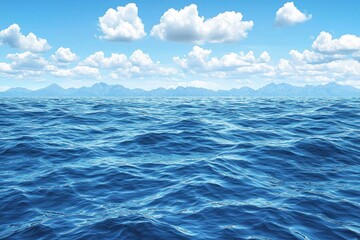 Fototapeta premium Vast ocean stretches to mountains under a vibrant blue sky