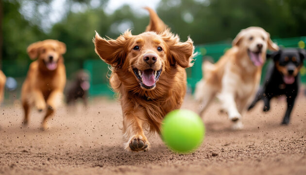 Happy dogs running in park, chasing green ball with excitement and joy