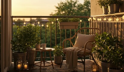 Fototapeta premium Cozy balcony view with chair, plants, and warm lights during sunset.