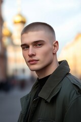 Obraz premium Portrait of a young man with a short haircut and green jacket, standing in an urban environment with soft lighting.