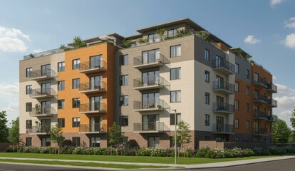 Modern apartment building with colorful facade and balconies, landscaped grounds.