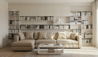 Cozy living room with built-in shelving, couch and neutral color palette.