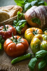 Vibrant heirloom tomatoes and fresh basil leaves placed on rustic burlap alongside crusty bread, emphasizing seasonal harvest and natural food.