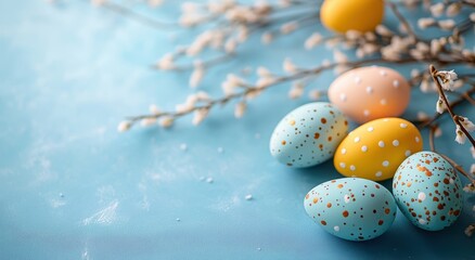 Obraz premium Colorful Easter Eggs on Soft Blue Surface with Decorative Branches and Delicate Spring Atmosphere for Festive Celebrations and Family Gatherings