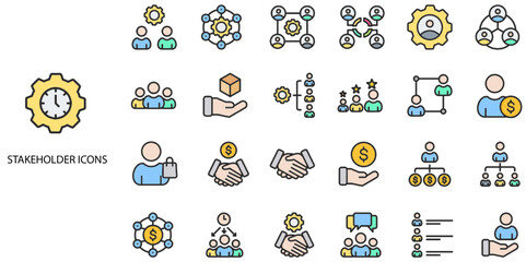 Obraz premium Stakeholder simple concept 24 color icons set. Contains such building exterior, stakeholder, organization .Vector illustration.