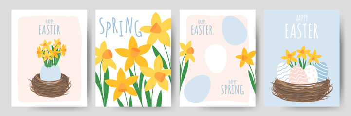 Set of Easter cards with Easter eggs, nest and daffodils. Spring greeting cards for Easter.