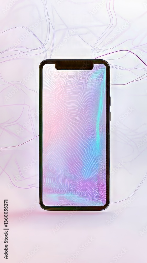 Poster sleek smartphone showcases a vibrant display with an abstract design, surrounded by a minimalist bac