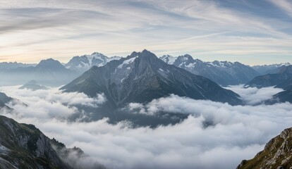 Fototapeta premium Sweeping mountain range amidst fog, a breathtaking alpine landscape.