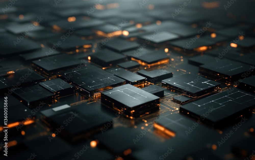 Poster abstract image of dark rectangular blocks with glowing orange accents, resembling a futuristic circu
