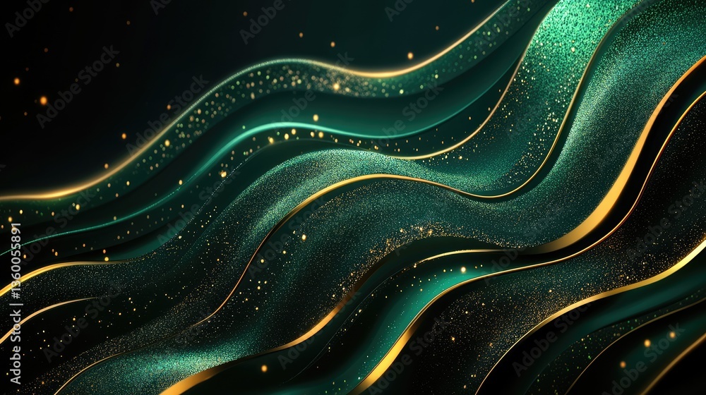 Aufkleber abstract waves of green and gold shimmer against a dark background, creating a luxurious and dynamic