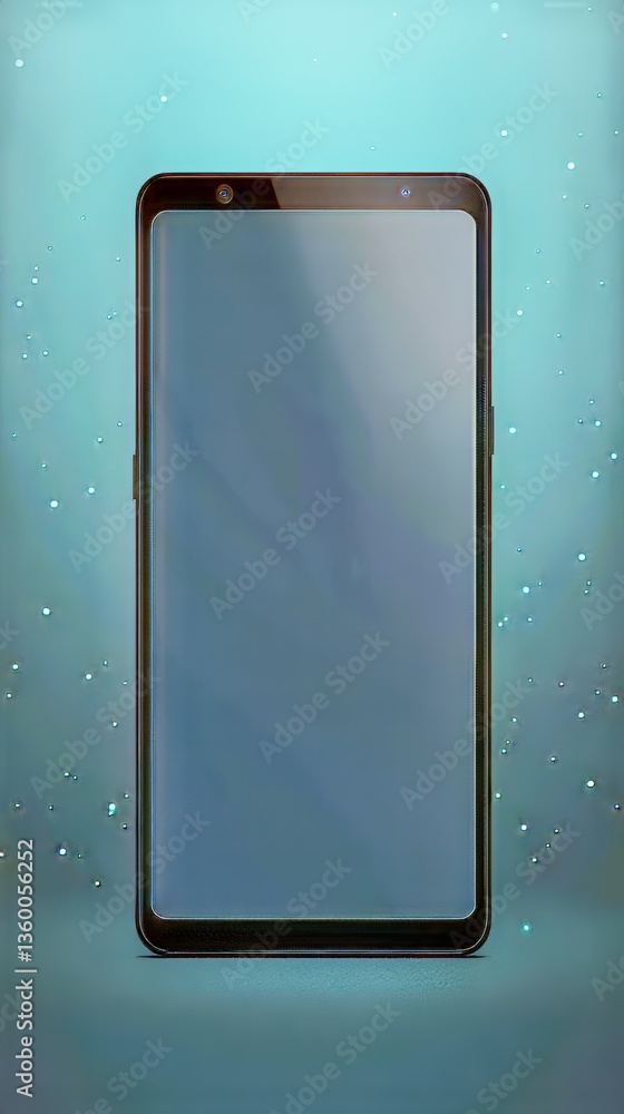 Poster mobile device with a modern design and a screen ready for content, set against a shimmering backgrou