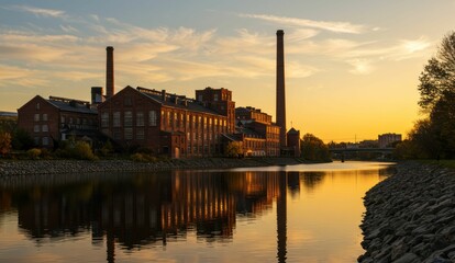 Fototapeta premium Industrial factory by river at sunset, warm, reflective, and serene.