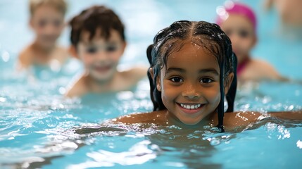 Diverse children learning to swim in a community pool
