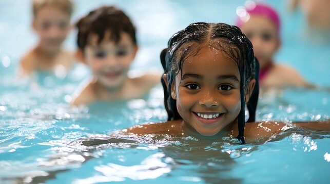 Diverse children learning to swim in a community pool