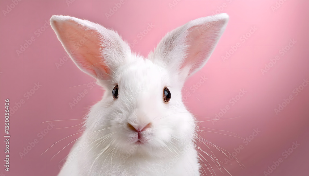Poster a close-up of a white rabbit against a soft pink backdrop, its delicate features and inquisitive gaz