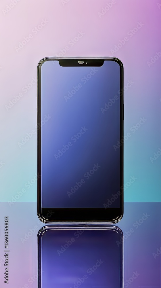 Poster smartphone with blue gradient display against colorful backdrop and reflective surface. technology c