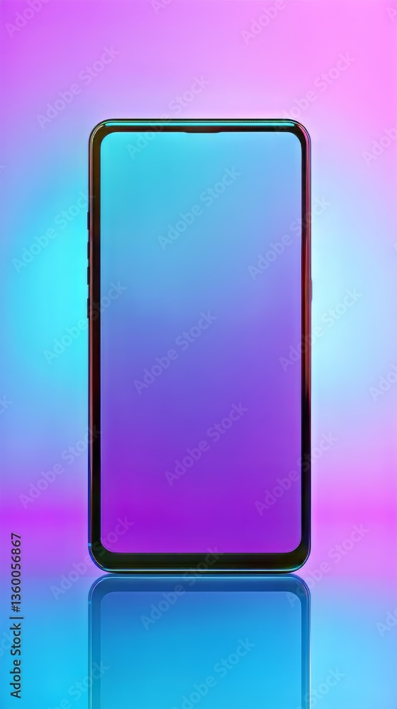 Poster smartphone displaying vibrant gradient on a sleek, reflective surface illuminated by colorful lighti