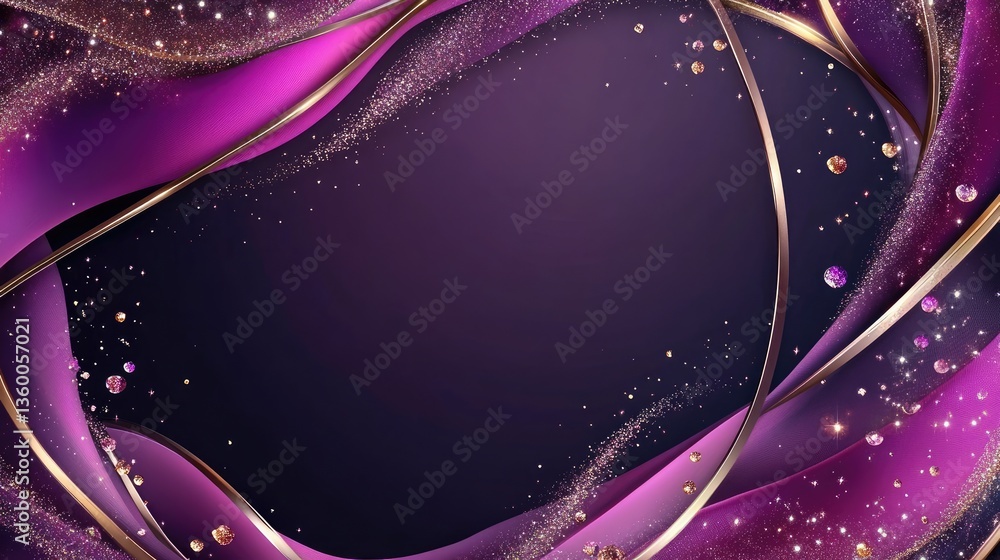 Poster elegant purple and gold abstract background with flowing curves and sparkling elements, ideal for de