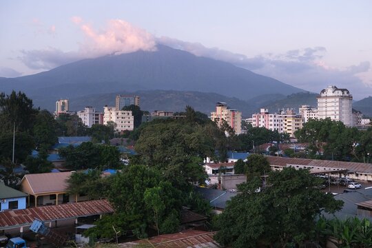 Panorama of Arusha with the peak of Mount Meru in the background. Tanzania