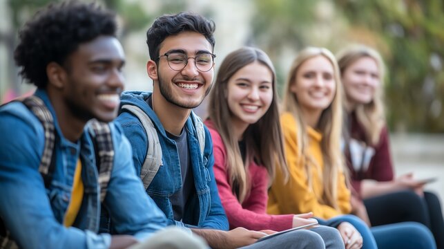 Diverse group of students sitting together on a university campus