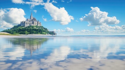 Fototapeta premium Serene Castle on Island with Reflections in Calm Water and Blue Sky