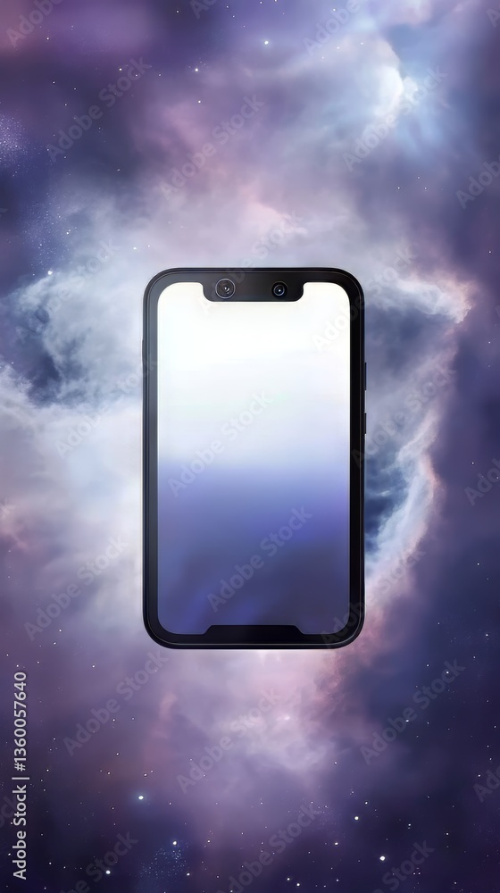 Poster smartphone displaying a gradient on the screen with a galaxy background, cosmic and ethereal display