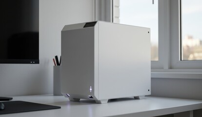 Close-up of a minimalist white computer case on a desk near a window.