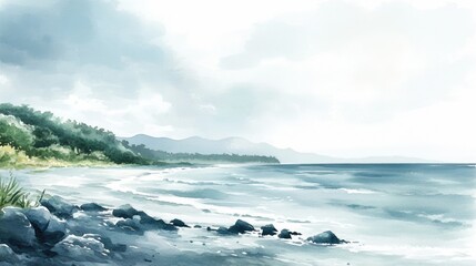 Obraz premium Serene Coastal Watercolor: Tranquil Beachscape with Mountains and Ocean