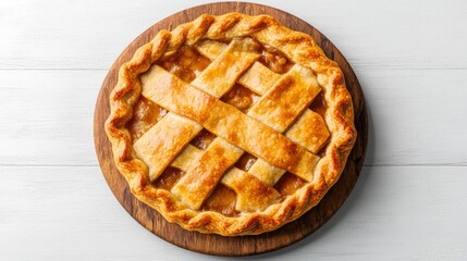 Golden-brown pie with a beautifully woven lattice crust resting on a rustic wooden board against a charming white wood background setting.