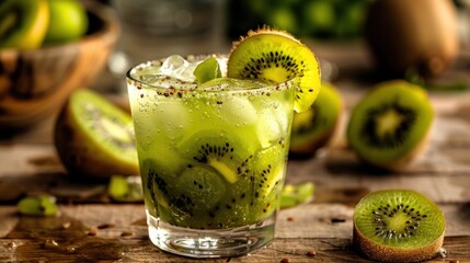 Brazilian fresh caipirinha traditional drink with kiwi on wooden table