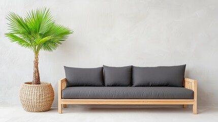 A modern, minimalist living space featuring a sleek sofa and a potted palm, set against a textured light wall, Sustainable Living, Sustainable Living.