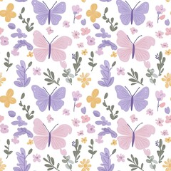 Soft pastel colors blend butterflies and flowers on a white background, evoking a tranquil spring ambiance with vintage charm SEAMLESS PATTERN